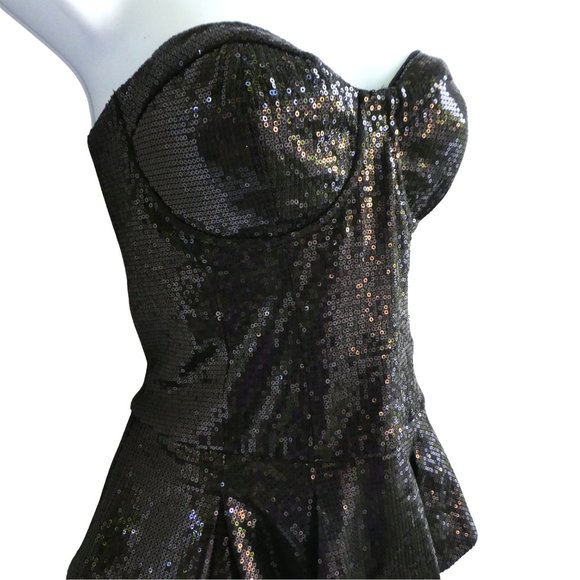 Bebe Sequin Bustier Top Black Underwire Boning Pleated Peplum Full Zip Back L - Picture 1 of 8